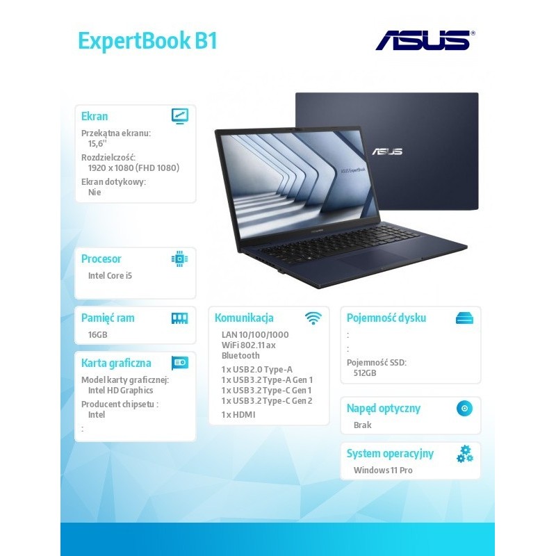 Notebook ExpertBook B1 B1502CVA-BQ0110X16 i5-1335U/16GB/512GB/15.6 FHD/Win 11 PRO/3YRS