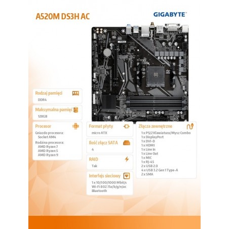 Płyta główna A520M DS3H AC AM4 4DDR4 /HDMI/DVI/DP M.2 mATX Płyta główna A520M DS3H AC AM4 4DDR4 /HDMI/DVI/DP M.2 mATX