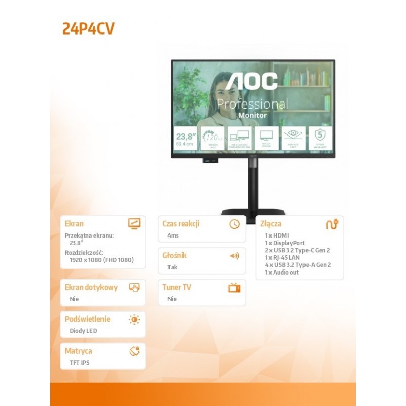 Monitor 24P4CV 23.8 cala IPS 120Hz HDMI DP RJ45 USB-C Pivot Głośniki 