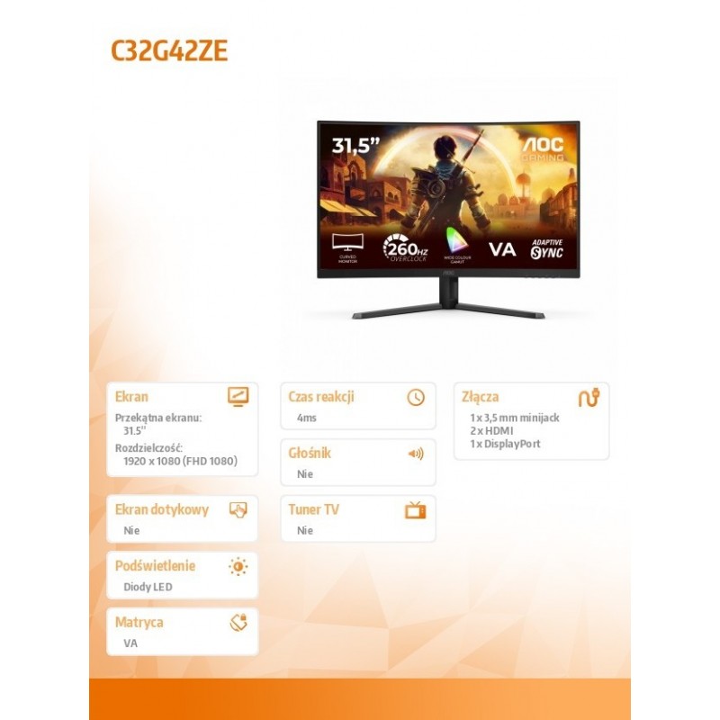 Monitor C32G42ZE 31.5 cala VA Curved 240Hz HDMI DP Monitor C32G42ZE 31.5 cala VA Curved 240Hz HDMI DP