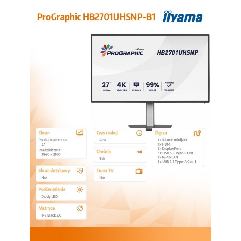 Monitor 27 cali ProGraphic HB2701UHSNP-B1 4K,IPS BLACK 2.0,450cd,VESA USB-c dock(PD:96W),HDMI,DP,DAISY/CHAIN,4xUSB,RJ45,3000:1,s
