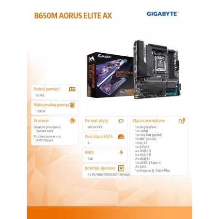Płyta główna B650M AORUS ELITE AX AM5 4DDR5 HDMI/DP mATX Płyta główna B650M AORUS ELITE AX AM5 4DDR5 HDMI/DP mATX