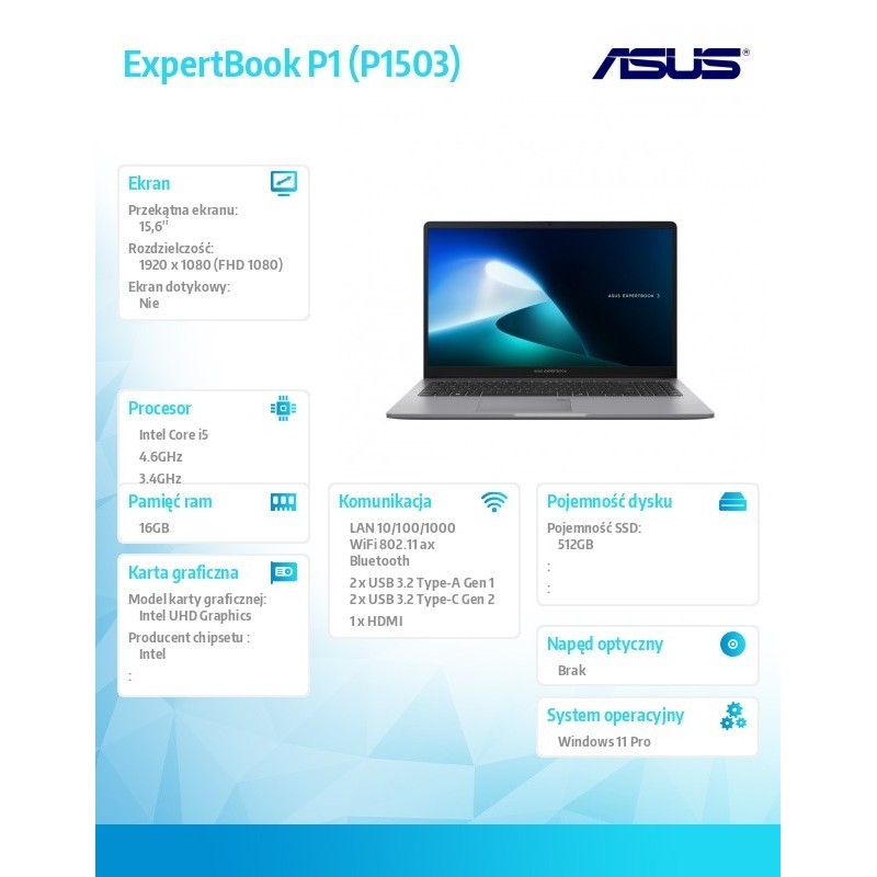 Notebook ExpertBook P1 P1503CVA-S71231 - i5-13420H/16GB/512GB/15.6 FHD/NoOS/3YRS Notebook ExpertBook P1 P1503CVA-S71231 - i5-13420H/16GB/512GB/15.6 FHD/NoOS/3YRS