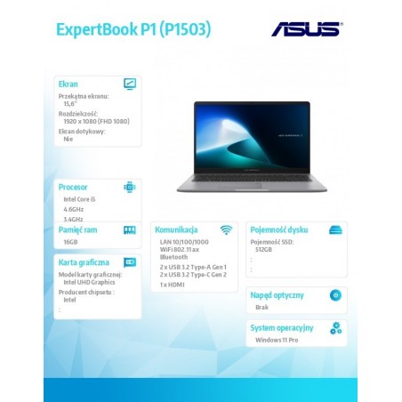 Notebook ExpertBook P1 P1503CVA-S71231 - i5-13420H/16GB/512GB/15.6 FHD/NoOS/3YRS Notebook ExpertBook P1 P1503CVA-S71231 - i5-13420H/16GB/512GB/15.6 FHD/NoOS/3YRS