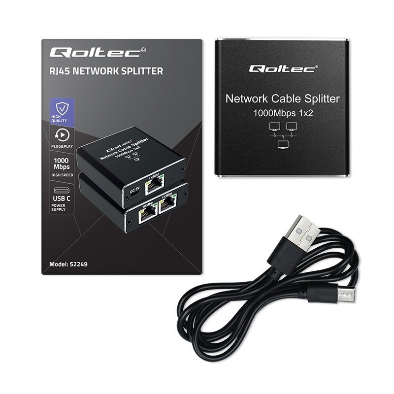 Rozdzielacz Splitter mini SWITCH 1x2 port RJ45 | 1000Mbps | USB-C| Aluminium 