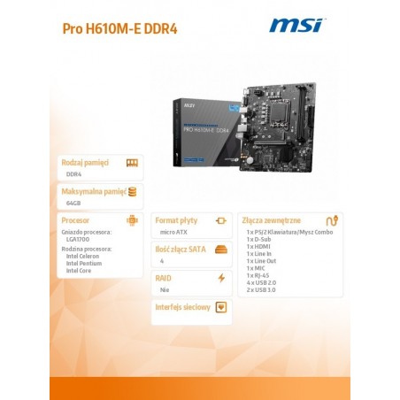 Płyta główna PRO H610M-E s1700 DDR4 HDMI M.2 mATX Płyta główna PRO H610M-E s1700 DDR4 HDMI M.2 mATX