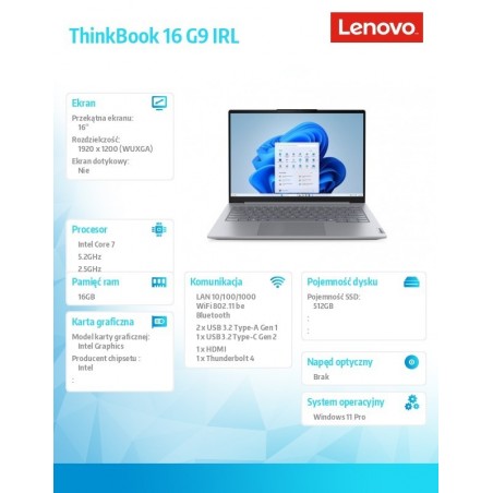 Notebook ThinkBook 16 G9 21US007PPB W11Pro 7 240H/16GB/512GB/INT/16.0 WUXGA/Luna Grey/3YRS OS + 1YR CI + CO2 Offset Notebook ThinkBook 16 G9 21US007PPB W11Pro 7 240H/16GB/512GB/INT/16.0 WUXGA/Luna Grey/3YRS OS + 1YR CI + CO2 Offset
