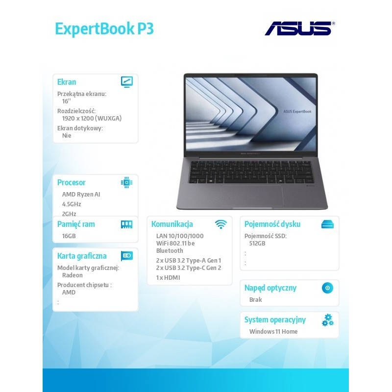 Notebook ExpertBook P3 PM3606CKA-MB0200W - Ryzen AI 5 330/16GB/512GB/16 WUXGA/Win 11 HOME/3YRS