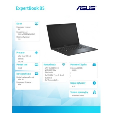 Notebook ExpertBook B5 B5405CCA-LY0125X - ultra 5 225H/16GB/512GB/16 WUXGA/Win 11 Pro/3YRS