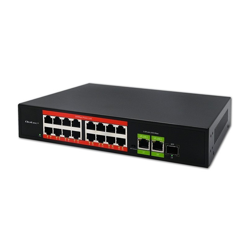 Przełącznik sieciowy SWITCH FAST Ethernet PoE | 16x RJ45 10/100  Mb/s | 2x RJ45 Uplink 1000 Mb/s | 1x SFP 1000Mb/s 