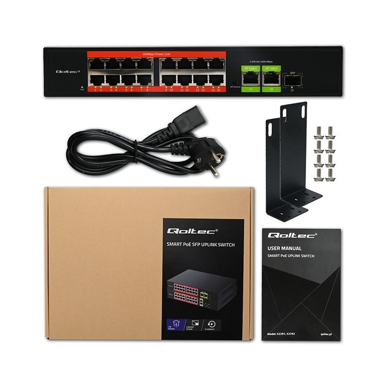 Przełącznik sieciowy SWITCH FAST Ethernet PoE | 16x RJ45 10/100  Mb/s | 2x RJ45 Uplink 1000 Mb/s | 1x SFP 1000Mb/s 
