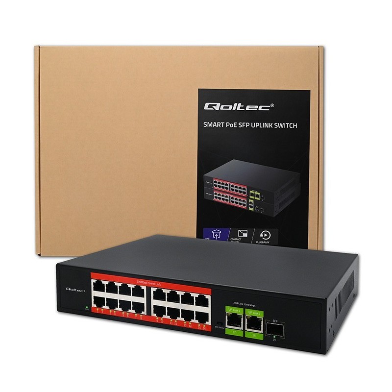Przełącznik sieciowy SWITCH FAST Ethernet PoE | 16x RJ45 10/100  Mb/s | 2x RJ45 Uplink 1000 Mb/s | 1x SFP 1000Mb/s 