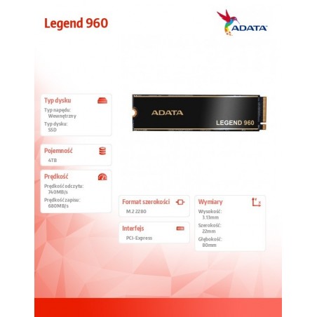Dysk SSD Legend 960 4TB PCIe 4x4 7.4/6.8 GB/s M2 Dysk SSD Legend 960 4TB PCIe 4x4 7.4/6.8 GB/s M2