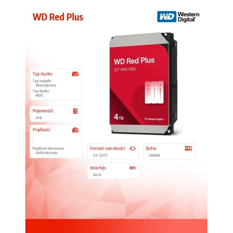 Dysk HDD Red Plus 4TB 3,5'' 128MB/5400RPM WD40EFZZ 