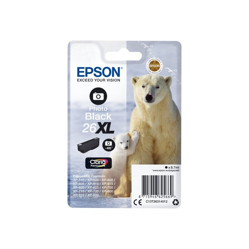 EPSON C13T26314012 Tusz Epson T2631 XL photo black Claria 8,7 ml XP-600/700/800 EPSON C13T26314012 Tusz Epson T2631 XL photo black Claria 8,7 ml XP-600/700/800