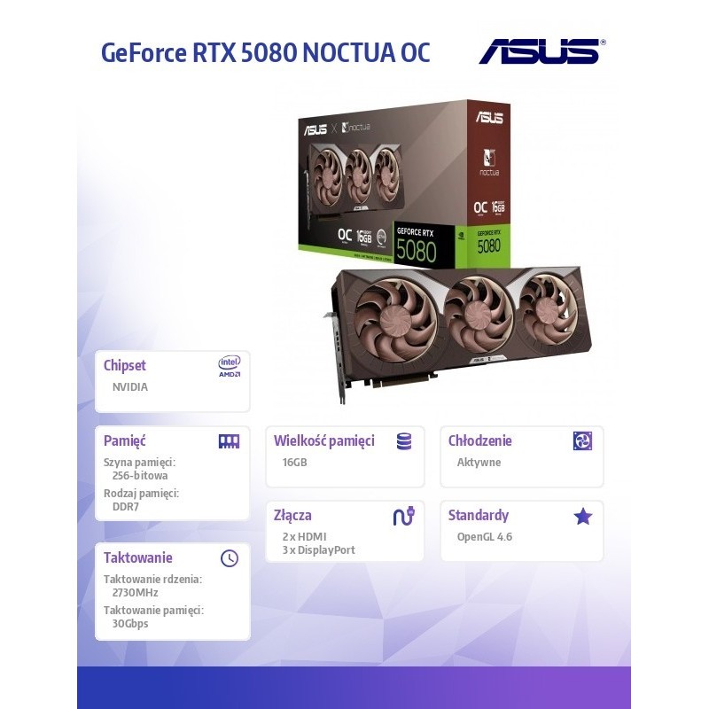 Karta graficzna GeForce RTX 5080 NOCTUA OC 16GB GDDR7 256bit 3DP/HDMI