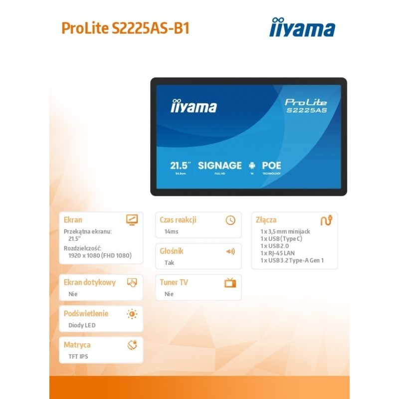 Monitor 21.5 cala ProLite S2225AS-B1 IPS,FHD,A14,24/7,RJ45,500cd2, USB-C,2x5W,iiSignage, WI-FI