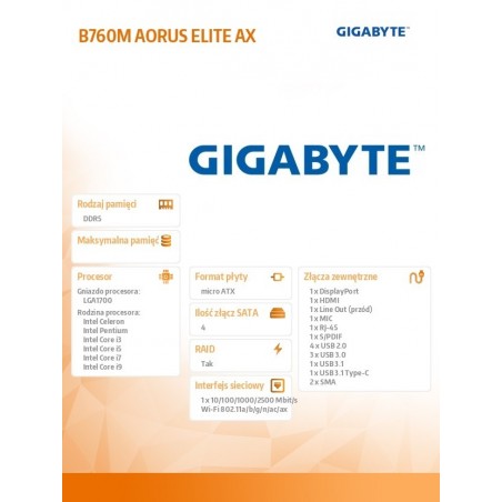 Płyta główna B760M AORUS ELITE s1700 DDR5 mATX Płyta główna B760M AORUS ELITE s1700 DDR5 mATX