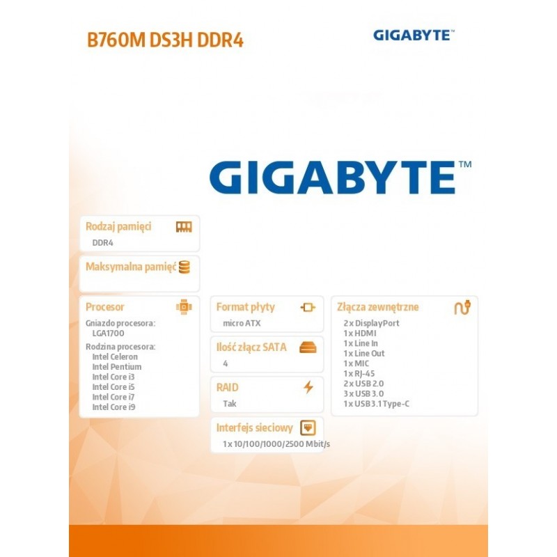 Płyta główna B760M DS3H DDR4 s1700 DDR4 2DP/HDMI mATX 