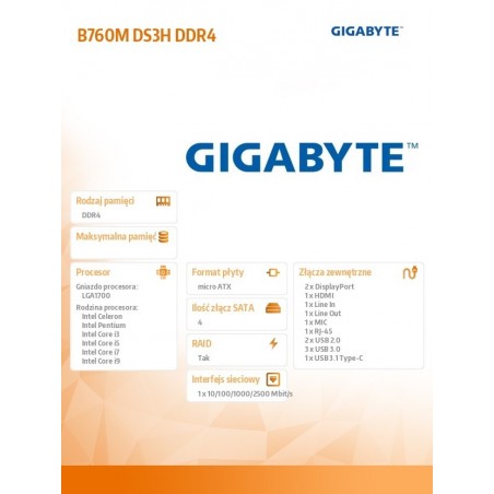Płyta główna B760M DS3H DDR4 s1700 DDR4 2DP/HDMI mATX Płyta główna B760M DS3H DDR4 s1700 DDR4 2DP/HDMI mATX