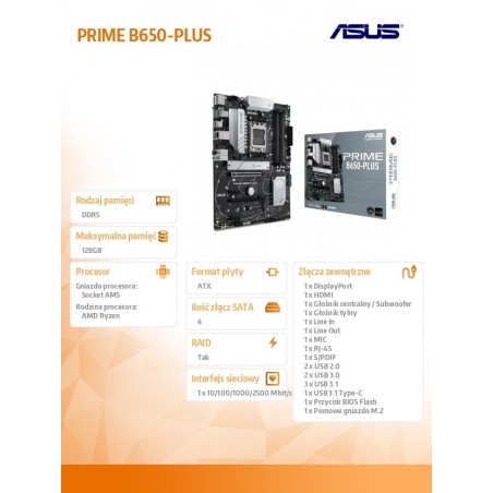 Płyta główna PRIME B650-PLUS AM5 4DDR5 HDMI/DP ATX Płyta główna PRIME B650-PLUS AM5 4DDR5 HDMI/DP ATX