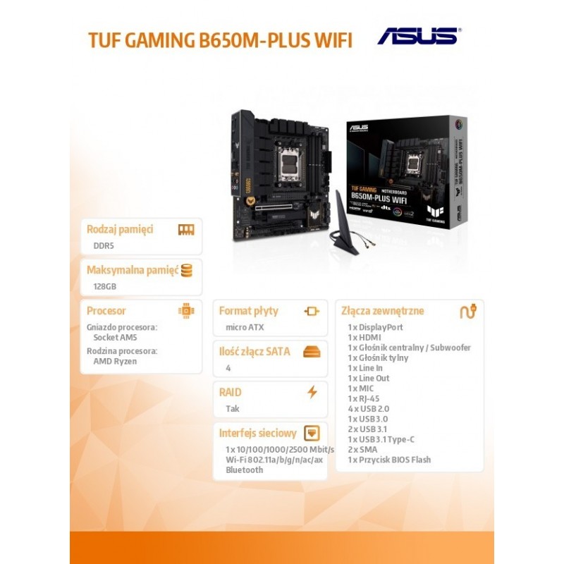 Płyta główna TUF GAMING B650M-PLUS WIFI AM5 4DDR5 HDMI mATX 