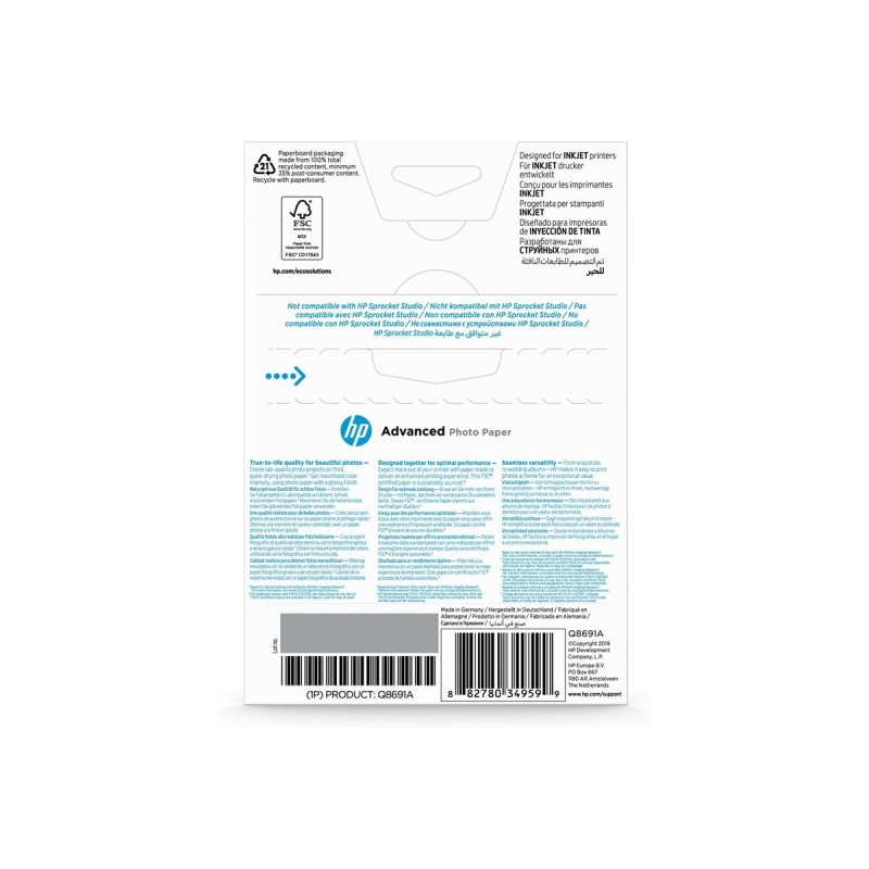 HP Q8691A Advanced glossy photo paper inkjet 250g/m2 100x150mm 25 sheets 1-pack borderless HP Q8691A Advanced glossy photo paper inkjet 250g/m2 100x150mm 25 sheets 1-pack borderless