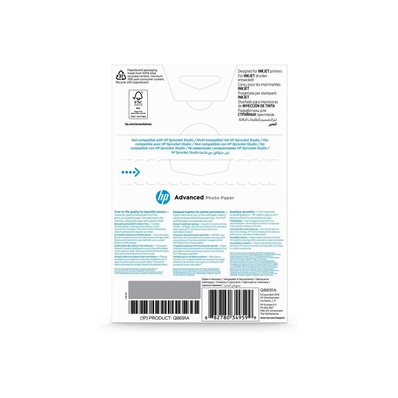 HP Q8691A Advanced glossy photo paper inkjet 250g/m2 100x150mm 25 sheets 1-pack borderless HP Q8691A Advanced glossy photo paper inkjet 250g/m2 100x150mm 25 sheets 1-pack borderless