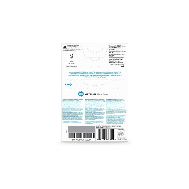 HP Q8691A Advanced glossy photo paper inkjet 250g/m2 100x150mm 25 sheets 1-pack borderless HP Q8691A Advanced glossy photo paper inkjet 250g/m2 100x150mm 25 sheets 1-pack borderless