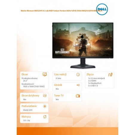 Monitor Alienware AW2523HF 24.5 cala AMD FreeSync Premium 360Hz Full HD (1920x1080)/16:9/DP/HDMI/USB/3Y Monitor Alienware AW2523HF 24.5 cala AMD FreeSync Premium 360Hz Full HD (1920x1080)/16:9/DP/HDMI/USB/3Y