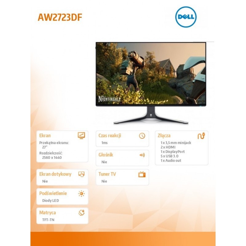 Monitor Alienware AW2723DF 27 cali LED NVIDIA G-Sync Compatible 240Hz QHD (2560x 1440)/16:9/DP/HDMI/USB/3Y 
