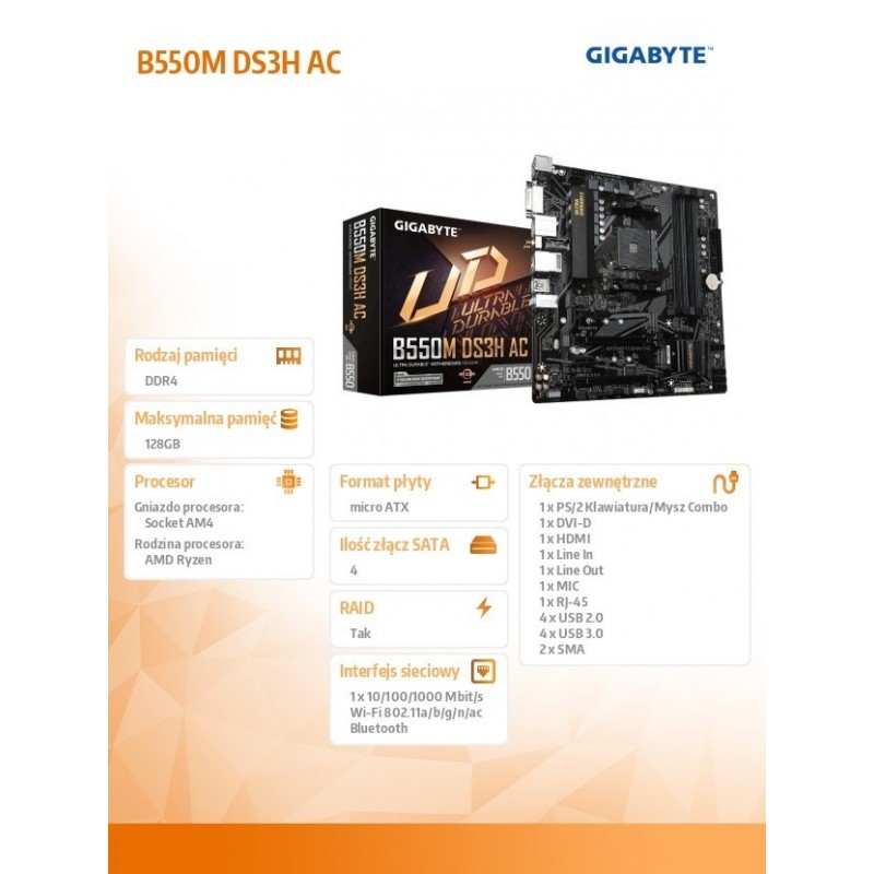 Płyta główna B550M DS3H AC AM4 4DDR4 HDMI/DVI M.2 mATX 