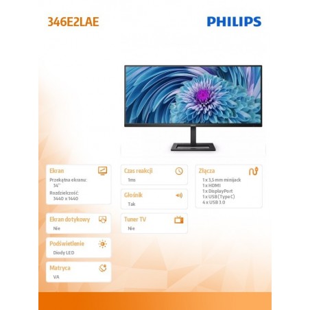 Monitor 34 cale 346E2LAE VA HDMI DP USB-C HAS Głośniki Monitor 34 cale 346E2LAE VA HDMI DP USB-C HAS Głośniki