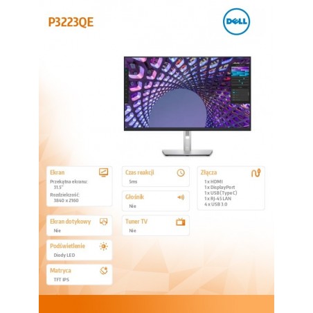 Monitor P3223QE 31.5 cala IPS LED 4K (3840x2160)/16:9/HDMI/DP/USB-C/ 4xUSB/RJ45/3Y Monitor P3223QE 31.5 cala IPS LED 4K (3840x2160)/16:9/HDMI/DP/USB-C/ 4xUSB/RJ45/3Y