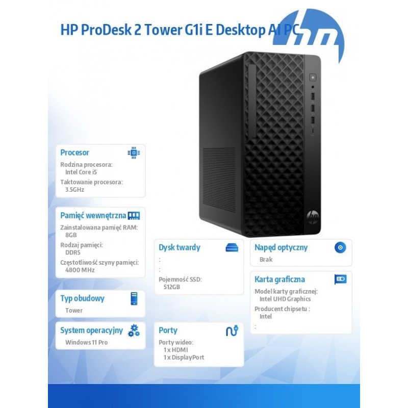 Komputer ProDesk 2 Tower G1i E i5-14400 512GB/8GB/W11P B6ZD0ET Komputer ProDesk 2 Tower G1i E i5-14400 512GB/8GB/W11P B6ZD0ET