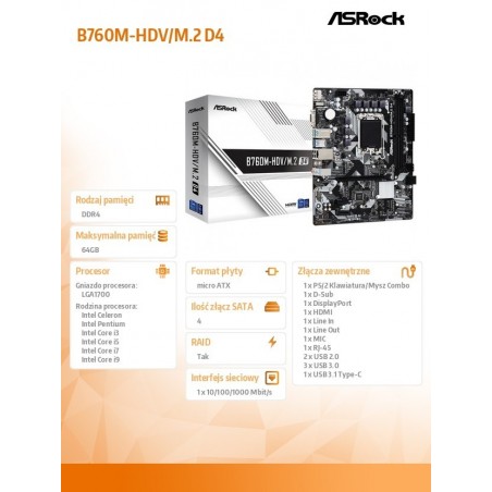 Płyta główna B760M-HDV/M.2 D4 s1700 2DDR4 DP/HDMI mATX Płyta główna B760M-HDV/M.2 D4 s1700 2DDR4 DP/HDMI mATX