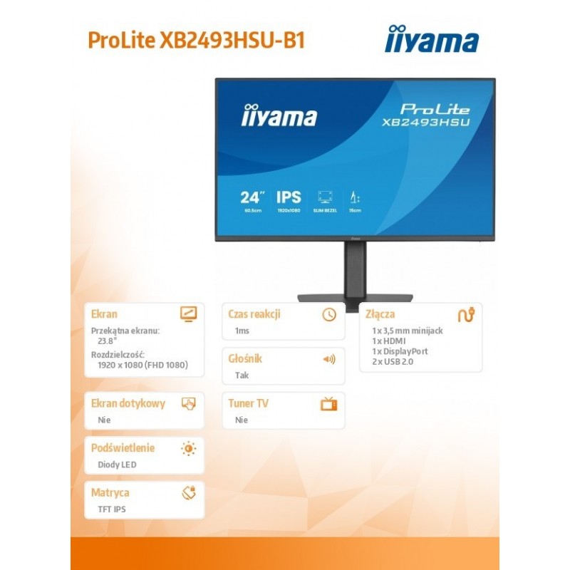 Monitor 23.8 cala XB2493HSU-B1 IPS.HDMI.DP.2x2W.USBx2, 350cd,1500:1, HAS 150/PIVOT Monitor 23.8 cala XB2493HSU-B1 IPS.HDMI.DP.2x2W.USBx2, 350cd,1500:1, HAS 150/PIVOT