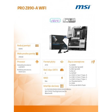 Płyta główna PRO Z890-A WIFI s1851 4 DDR5 HDMI/DP ATX Płyta główna PRO Z890-A WIFI s1851 4 DDR5 HDMI/DP ATX