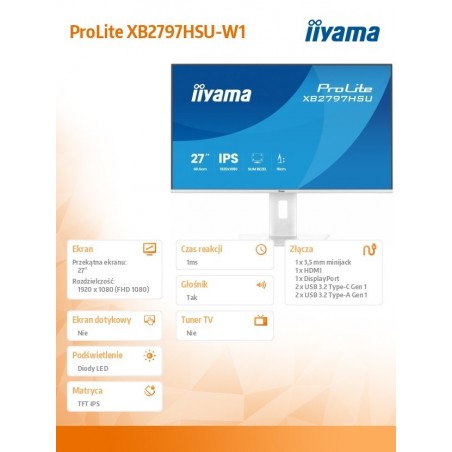 Monitor 27 cali XB2797HSU-W1 IPS, FHD, HDMI, DP, 120Hz, 2xUSBv3.2, 2xUSB-C, 350 CD, x2W, HAS 150/PIVOT, Biały Monitor 27 cali XB2797HSU-W1 IPS, FHD, HDMI, DP, 120Hz, 2xUSBv3.2, 2xUSB-C, 350 CD, x2W, HAS 150/PIVOT, Biały