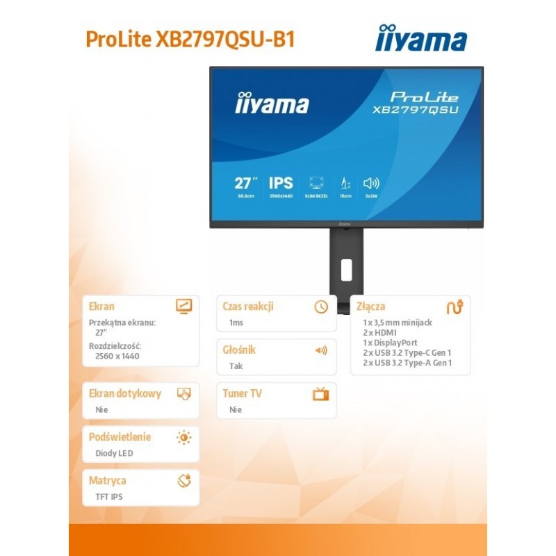 Monitor ProLite  27 cali XB2797QSU-B1 IPS,QHD,2xHDMI,DP,350cd,75Hz,1000:1,     USB HUB,x4 ((2x Type-A v.3.2 Gen 1 (5Gbps, 4.5W) 