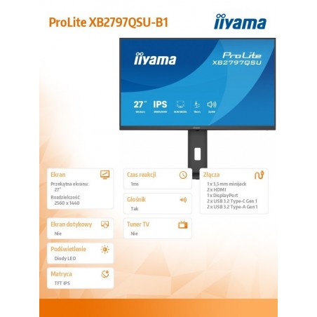 Monitor ProLite  27 cali XB2797QSU-B1 IPS,QHD,2xHDMI,DP,350cd,75Hz,1000:1,     USB HUB,x4 ((2x Type-A v.3.2 Gen 1 (5Gbps, 4.5W) 