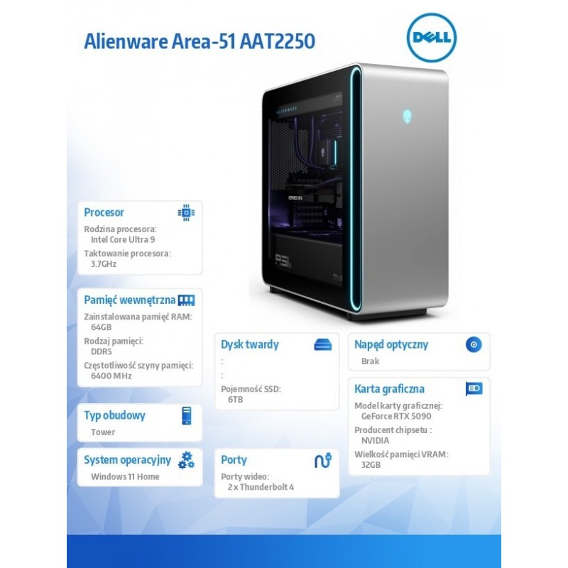 Komputer Alienware Area-51 AAT2250 Win 11 Home / Intel Core Ultra 9 / 64GB / 6TB / RTX5090 / 2Y Alienware Elite Care