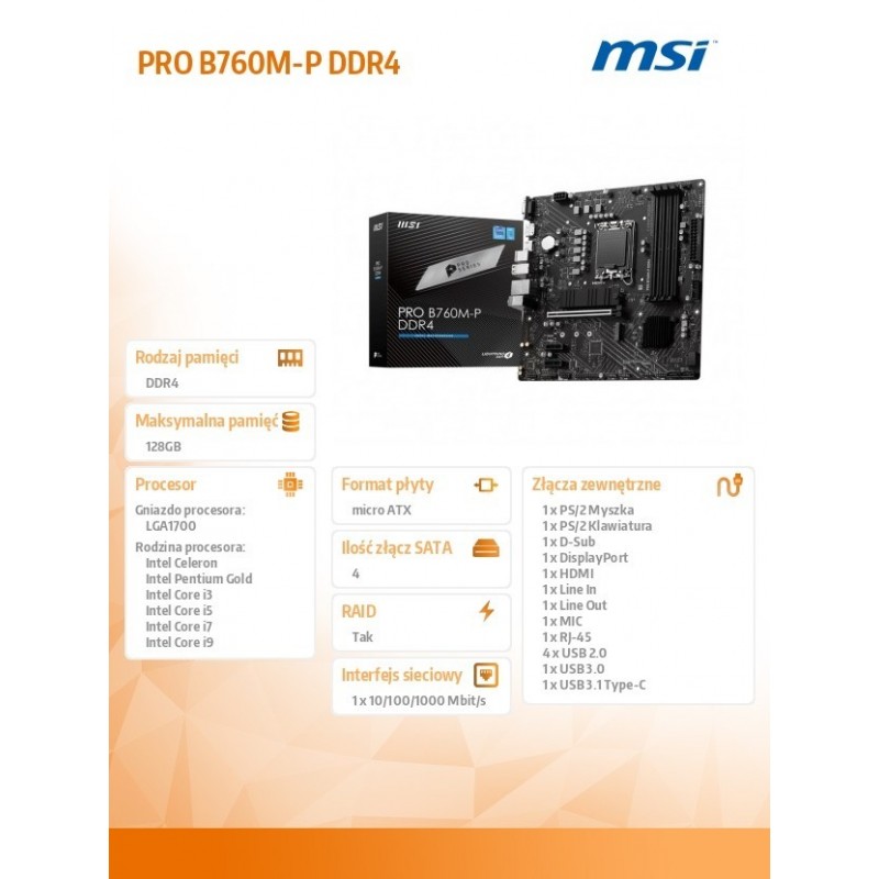 Płyta główna PRO B760M-P DDR4 s1700 4DDR4 DP/HDMI 2M.2 mATX 
