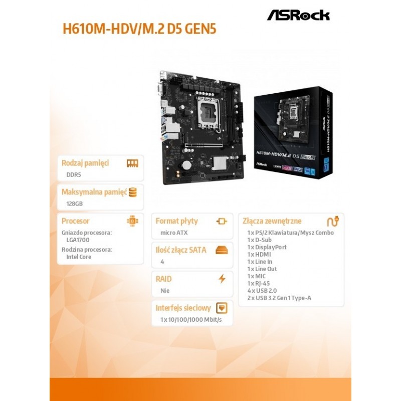 Płyta główna H610M-HDV/M.2 D5 GEN5 s1700 2DDR5 DP/HDMI mATX 