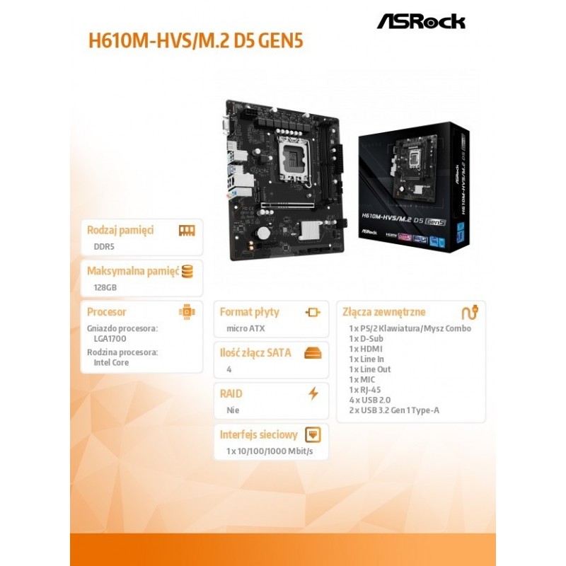 Płyta główna H610M-HVS/M.2 D5 GEN5 s1700 2DDR5 DP/HDMI mATX 