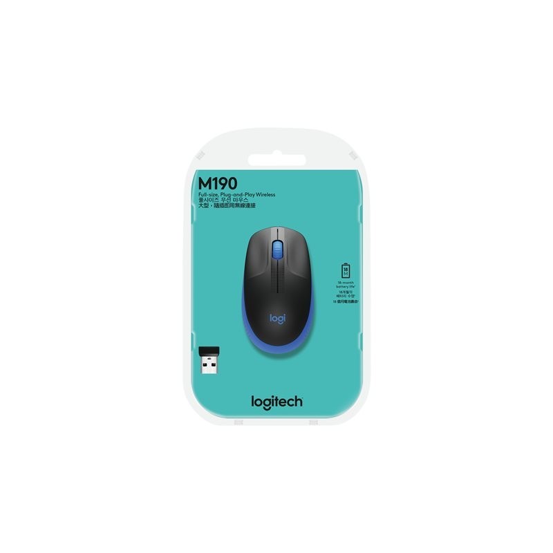LOGITECH M190 Mouse optical 3 buttons wireless USB wireless receiver blue