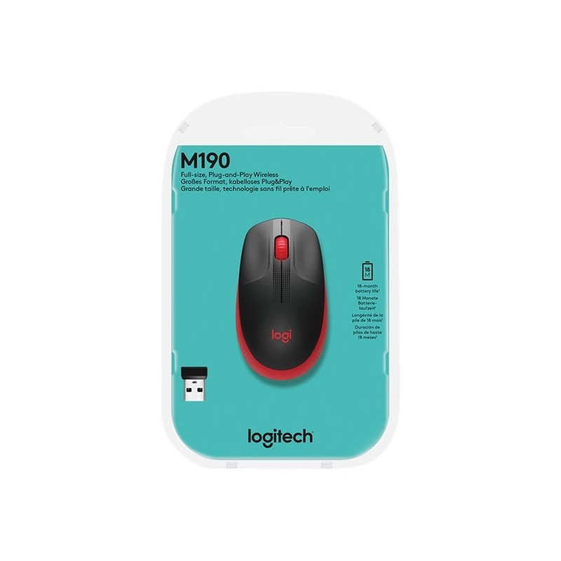 LOGITECH M190 Mouse optical 3 buttons wireless USB wireless receiver red