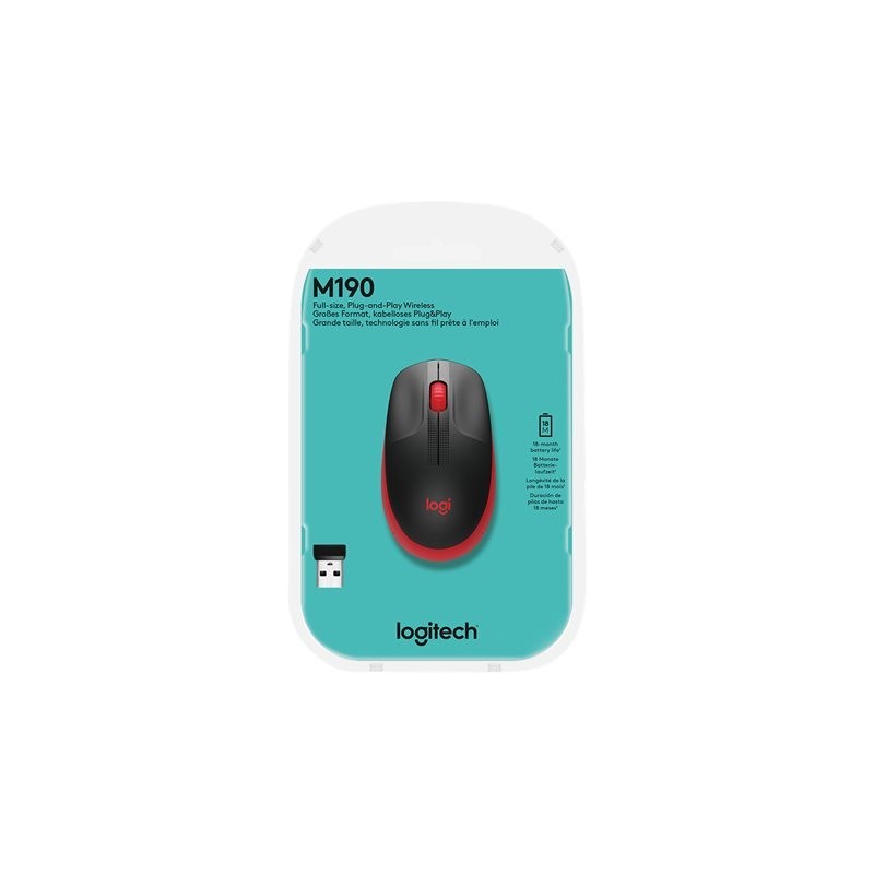 LOGITECH M190 Mouse optical 3 buttons wireless USB wireless receiver red