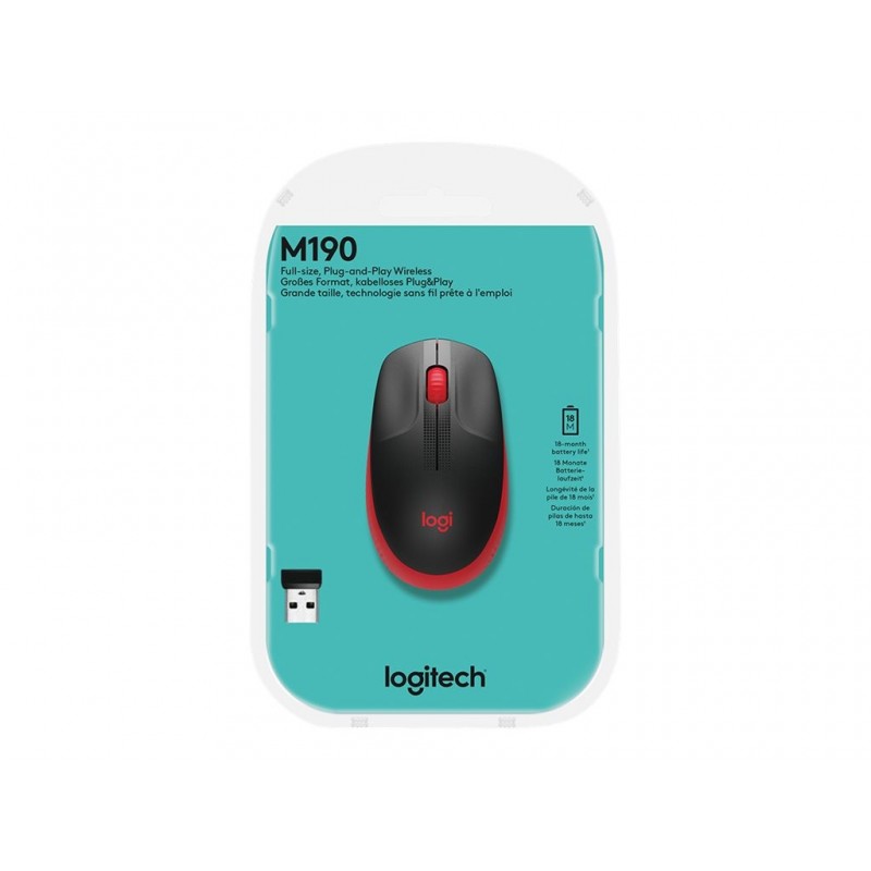 LOGITECH M190 Mouse optical 3 buttons wireless USB wireless receiver red