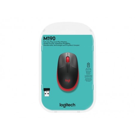 LOGITECH M190 Mouse optical 3 buttons wireless USB wireless receiver red